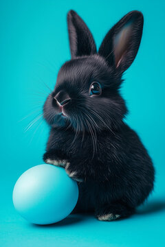 A black Easter bunny holding a blue egg, against a turquoise background, in a cute style. Close up. Frontal side view. Cute animal and Easter cover