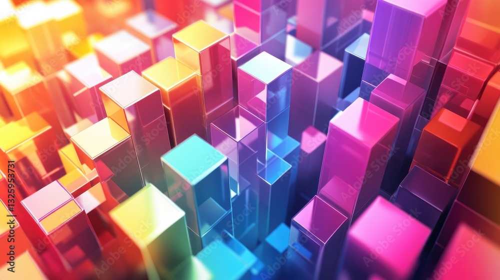 Poster A colorful array of cubes in 3D digital space, creating an abstract, vibrant atmosphere that embodies modernity, digital creativity, and innovation