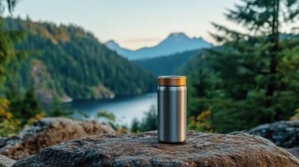 Stainless Steel Travel Mug in Scenic Forest Setting with Mountains and Calm Water Background