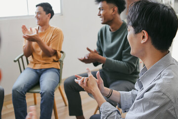 Portrait of Diversity Group Clapping Hands Together During Mental Health Therapy Session