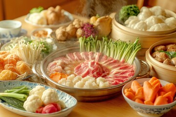 A lavish spread of traditional Japanese Sukiyaki, featuring thinly sliced beef, fresh vegetables, and tofu simmering in a savory broth, perfect for a communal and flavorful meal.