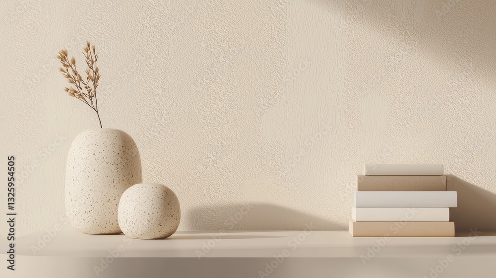 Poster A minimalist scene featuring textured vases and stacked books on a soft, neutral surface, creating a serene and inviting atmosphere.