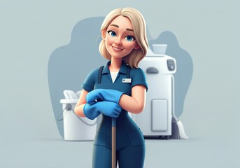Cheerful cleaning lady with gloves and a mop, ready to tackle any mess