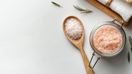 Fototapeta premium A close-up of Himalayan salt in a jar with a wooden spoon, surrounded by herbs, showcasing a simple and natural culinary aesthetic.
