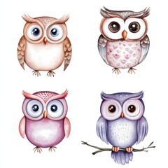 Fototapeta premium A colorful illustration featuring four adorable cartoon owls, each with unique patterns and expressions, set against a white background.