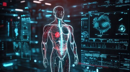 A cutting-edge medical interface with a digital human body and floating health metrics like temperature and blood pressure, highlighting futuristic healthcare technology