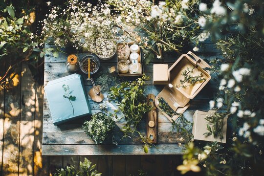 Overhead shot of natural skincare products and botanical elements on a rustic wooden table, bathed in dappled sunlight creating a serene and organic beauty scene.