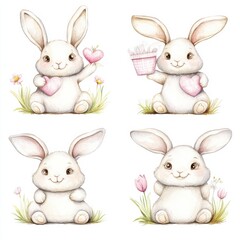Obraz premium Cute illustrated rabbits holding hearts and gifts, surrounded by flowers, conveying a playful and joyful atmosphere.