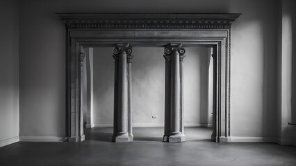 Empty room with antique colonnade on background wall with decorative frame