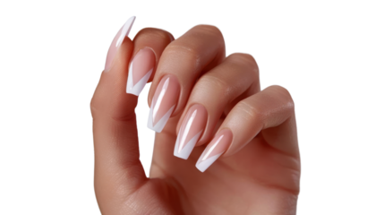 Woman showing french chevron manicure on transparent background