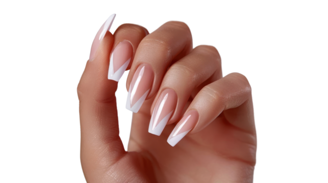 Woman showing french chevron manicure on transparent background