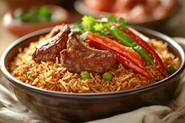 Fototapeta premium A tantalizing dish of savory rice topped with succulent ribs, vibrant chili peppers, and fresh herbs, creating a flavorful and visually appealing culinary experience.