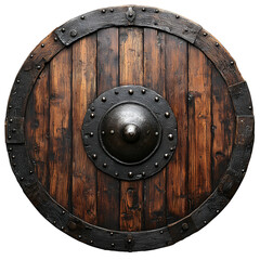 Fototapeta premium Ancient Wooden Warrior Shield Medieval Dark Brown Iron game metal armor round battle rustic gothic 