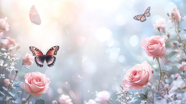 Romantic spring banner with blooming roses and butterflies on soft pastel blurred background