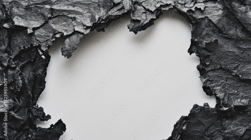 Poster a detailed shot of a burnt hole frame on white paper, the textured edges and blackened paper creatin