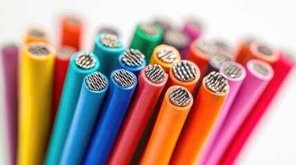 Obraz premium A detailed shot of multiple colorful insulated cables and wires cut into short lengths, isolated on a clean white background, perfect for technical or DIY themes