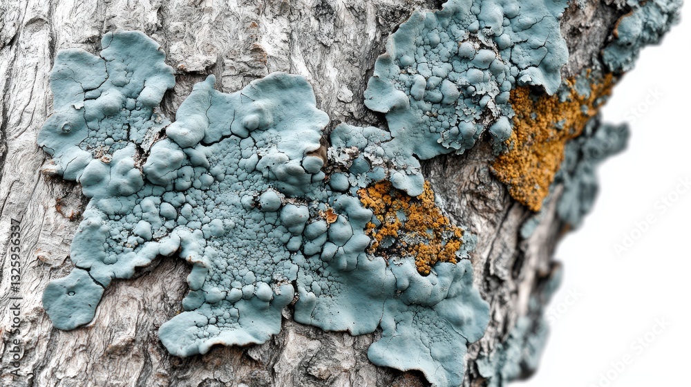 Poster a detailed shot of tree bark with cyan lichen, isolated on white, highlighting the unique growth pat