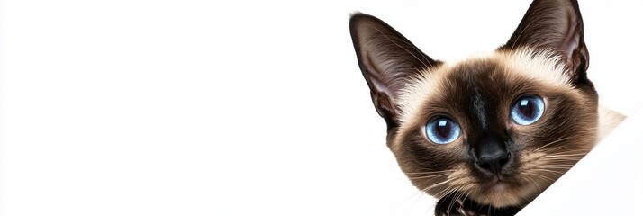 Fototapeta premium Curious Siamese cat peeking from a white background.