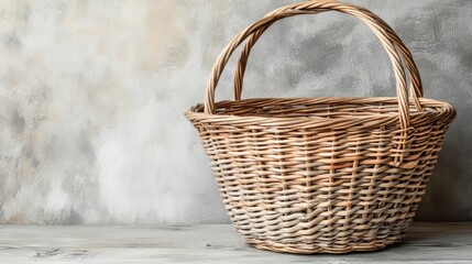 A woven wicker basket sits on a wooden background with a rustic texture and natural tones, providing copy space