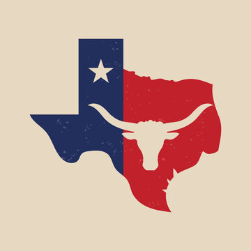 Rustic-classic Texas map with longhorn skull vector illustration | Vector illustration of Texas map with skull and star USA symbol | Texas illustration logos that represent rodeo culture
