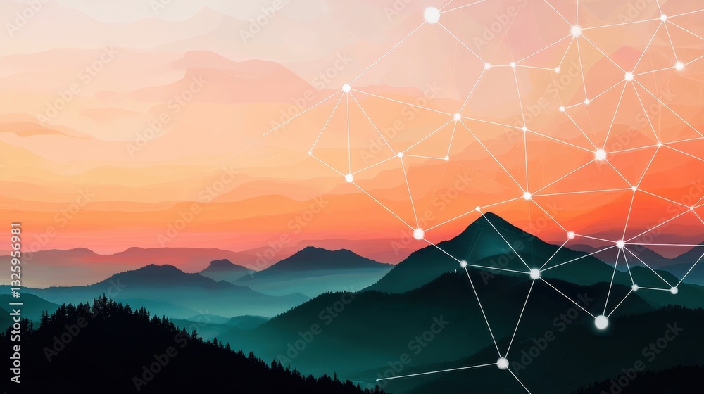 Poster a serene mountain landscape at sunset, featuring a network of connected dots symbolizing technology 