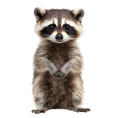 Fototapeta premium Adorable Baby Raccoon Standing Isolated Black Background Wildlife Nature Fur Cute Fauna Sweet Funny 