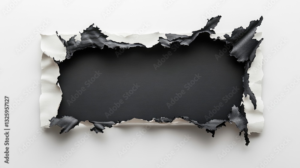 Poster A dramatic image of a paper frame with a burnt hole in the middle, showcasing the unique texture and blackened marks, isolated on a white surface