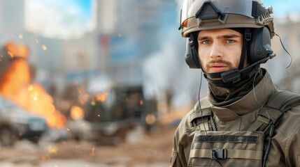 Soldier in Tactical Gear Amid Explosions and Chaos at War Zone with Dramatic Background