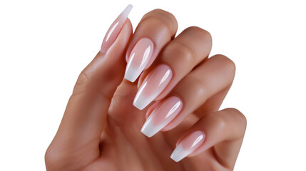 Hand with perfect french fade ombre gradient manicure on transparent background