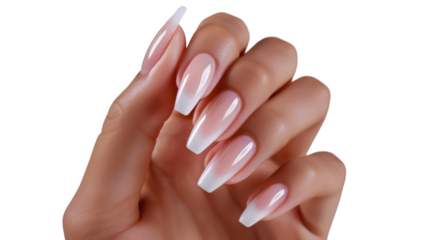 Hand with perfect french fade ombre gradient manicure on transparent background