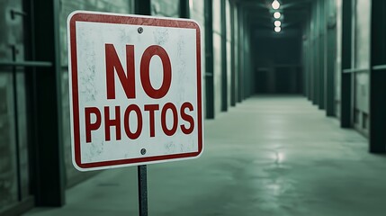A sign reading "NO PHOTOS" stands in a dimly lit corridor, emphasizing restrictions on taking pictures in this location.