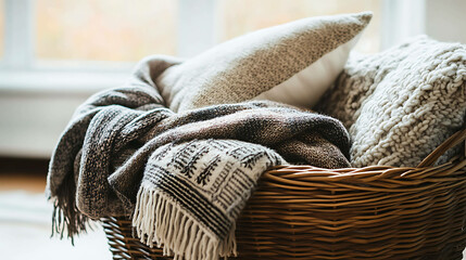 Obraz premium A wicker basket filled with cozy blankets and pillows.