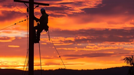 Silhouette of a utility worker climbing a power pole against a vibrant sunset sky