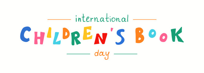 Children's Book Day handwritten bright words isolated on white background. Hand drawn multicolored fun lettering. For banner, card, poster