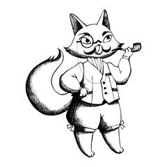 Illustration of a cat in a vest, pants with bows
