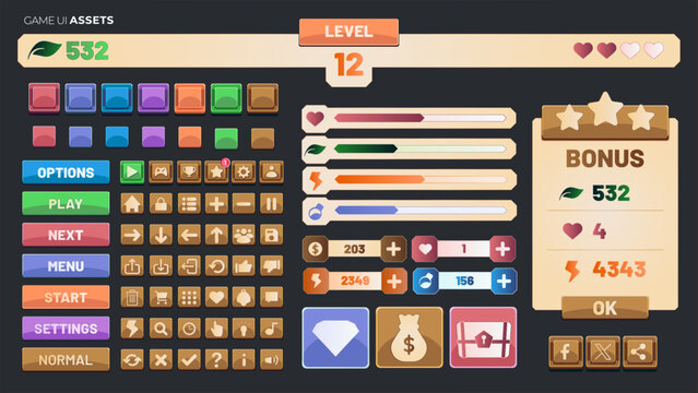 The elements of the mobile jungle game interface assets