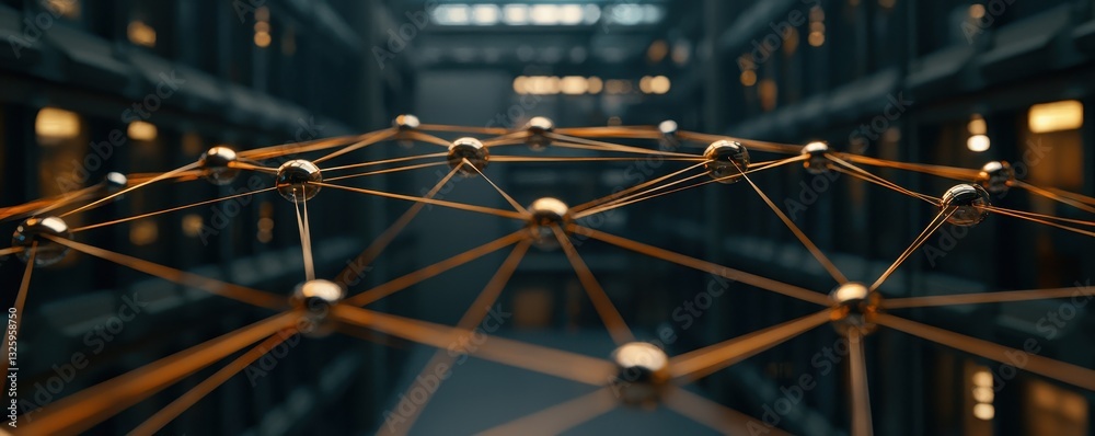 Poster a futuristic network structure set against an industrial backdrop, showcasing interconnected nodes a