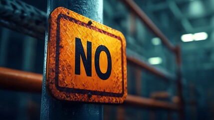 An aged, rusty "NO" sign attached to a pole, set against a dark, industrial backdrop, evokes a sense of warning and restriction.