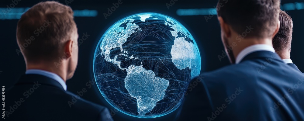 Fototapete Three individuals in suits observe a digital globe display, highlighting global connectivity and data visualization.