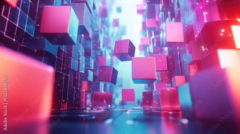 Poster A futuristic 3D digital space filled with floating, colorful cubes, creating a dynamic and visually stimulating abstract composition