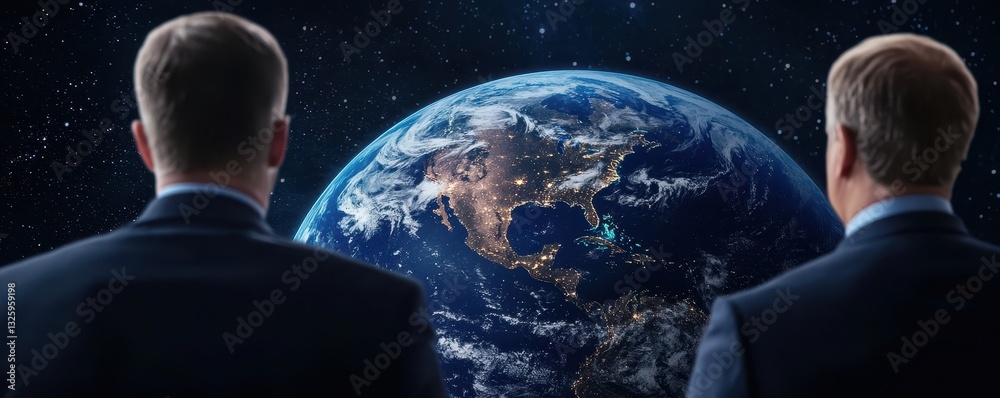 Poster two individuals in suits gaze at earth from space, symbolizing exploration, perspective, and the int