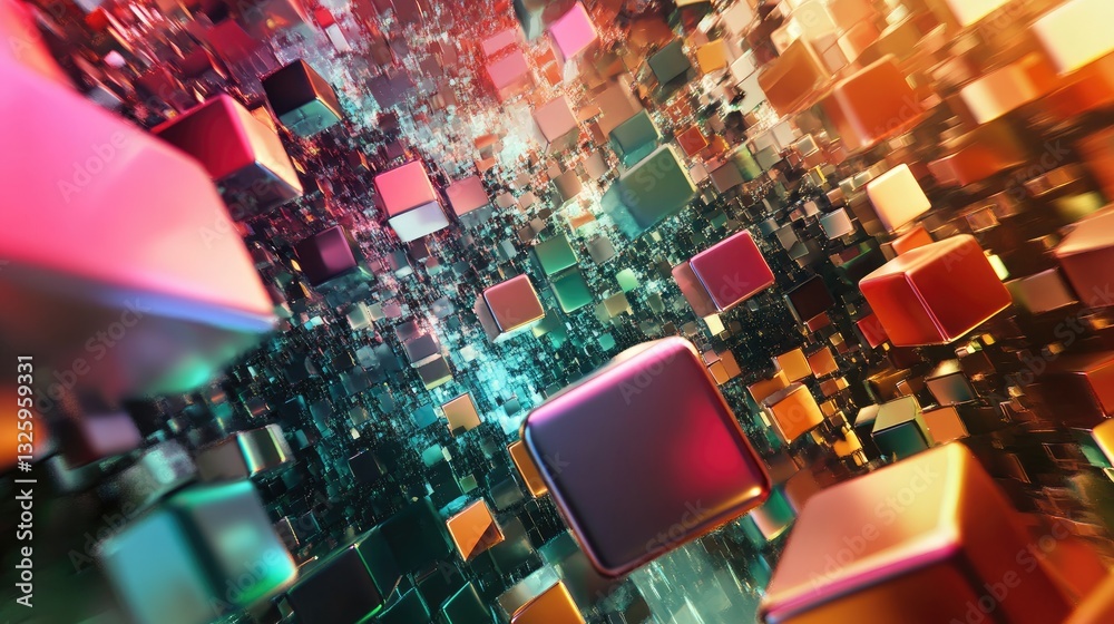 Poster A futuristic 3D digital space filled with floating, colorful cubes, creating a dynamic and visually stimulating abstract composition