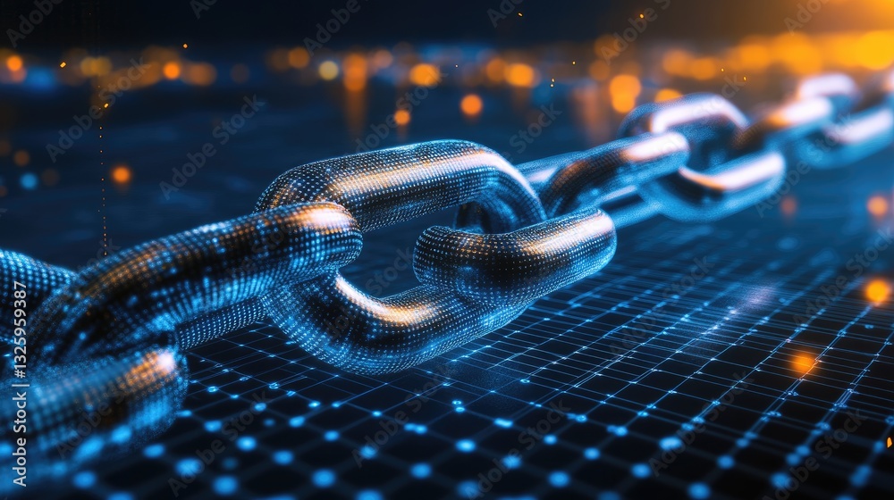 Poster A futuristic digital chain link concept with glowing elements, symbolizing blockchain technology and secure data transactions, set against a tech-inspired grid background