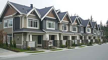 Row of townhouses with attached garages.  Modern, well-maintained homes in a quiet neighborhood.  Landscaped yards with shrubs and trees.  Spacious living areas