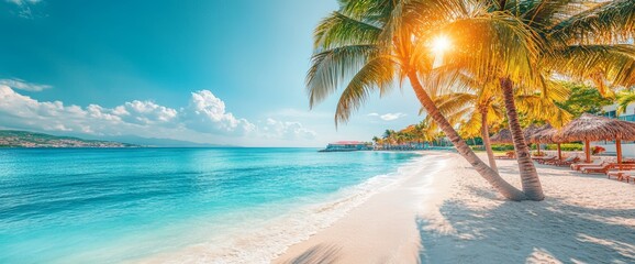 A peaceful beach setting featuring leaning palm trees and a clear sky, perfect for tropical vacation themes and customizable text areas