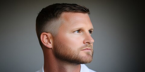 Fototapeta premium Close Up Portrait of a Man with Short Hair and Beard Looking Away from the Camera View