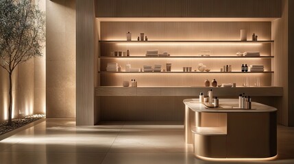 Sleek, natural-tone bathroom with movable wooden shelving and soft lighting.
