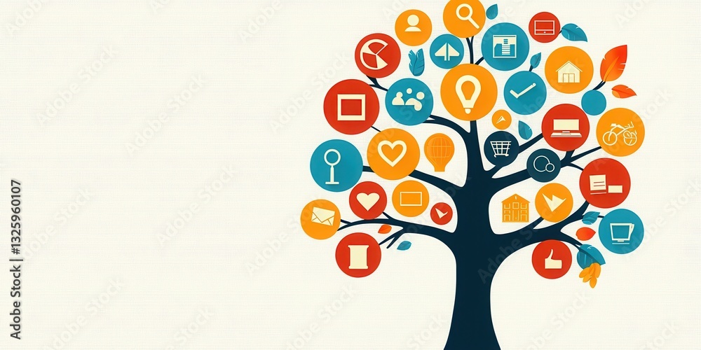 Poster a stylized tree with colorful icons representing various concepts such as communication, finance, an