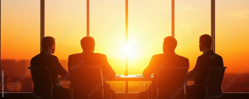 Poster silhouetted figures in a boardroom watching a sunset, symbolizing reflection and decision-making in 