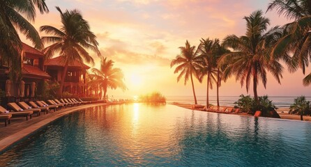 Fototapeta premium Serene pool setting with palm trees and greenery mirrored in the water at sunset, providing space for text overlay